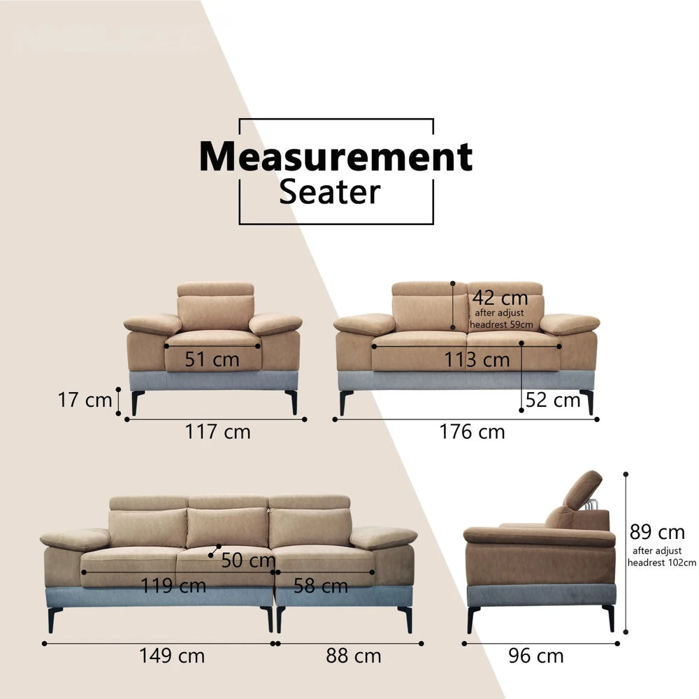 Rystan Fabric Adjustable Headrest Sofa (Pet Friendly & Easy Clean) KH