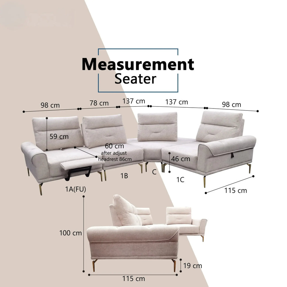 Kai Fabric Adjustable Legrest & Backrest Corner Sofa (Pet Friendly & Easy Clean) KH