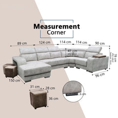 Meren Fabric Adjustable Headrest L-Shaped Corner Sofa (Pet Friendly & Easy Clean) - Esteller