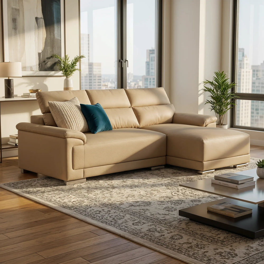Quirra Genuine Leather Adjustable Headrest L-Shaped Sofa - Esteller