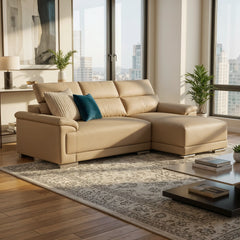 Quirra Genuine Leather Adjustable Headrest L-Shaped Sofa - Esteller