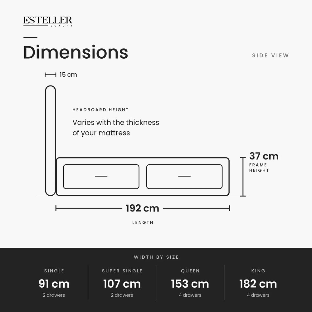 Solvane Fabric Drawer Bed Frame (Water Repellent & Pet friendly) by Somnuz - Dimensions