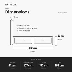 Vintaro Fabric Drawer Bed Frame (Water Repellent & Pet friendly) by Somnuz - Dimensions