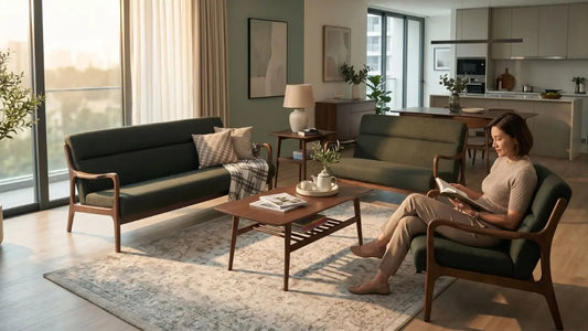 Open-plan Singapore living area with green fabric sofa set, wooden coffee table, and balcony view.