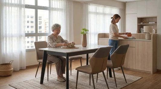 White sintered stone dining table with beige chairs in a bright Singapore HDB dining room