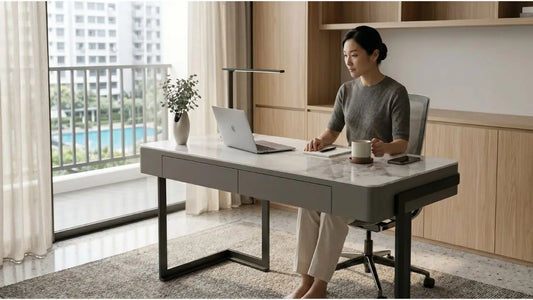 Adjustable study table with laptop and drawers in a bright Singapore condo study, ideal for flexible work routines