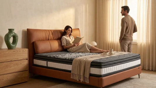 Woman relaxing on an affordable luxury mattress with a brown leather bed frame in a modern warm-toned bedroom