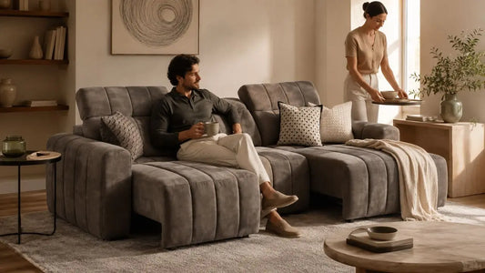 Grey affordable luxury sofa in an Italian-inspired living room with warm neutral styling