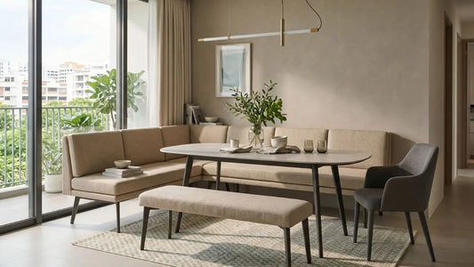Banquette and bench dining setup in a bright Singapore apartment with a rectangular table, upholstered corner seating, and a freestanding dining bench.