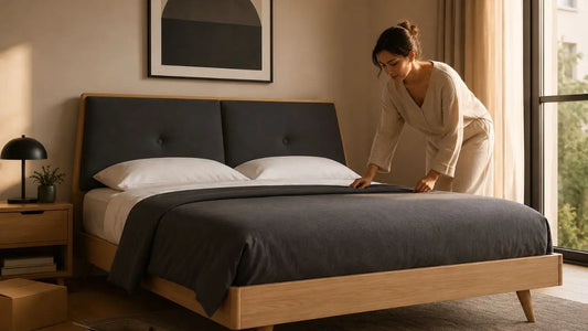 Italian-inspired bedroom with Esteller wooden bed frame styled after assembly and delivery