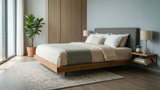 Grey upholstered headboard with warm timber bed frame in a calm Singapore bedroom
