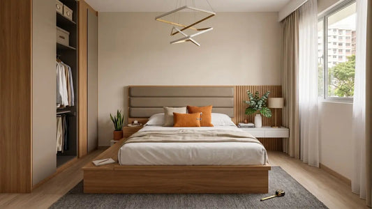 King-size wooden bed frame in a modern Singapore HDB bedroom with built-in wardrobe and window light