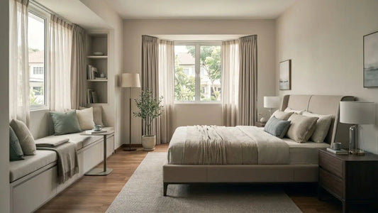 Bedroom with bay window seating nook, upholstered bed, bedside tables, sheer curtains, and warm wood flooring in a refined Singapore home.