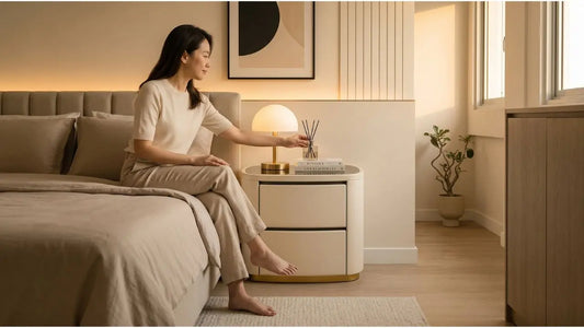 Woman reaching for items on a bedside table positioned at comfortable mattress height