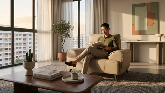 Beige one-seater sofa with rolled arms in a warm Singapore apartment living room with coffee table and natural light