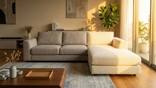 Beige chaise sofa in a Singapore living room with strong afternoon sun exposure near floor-to-ceiling windows