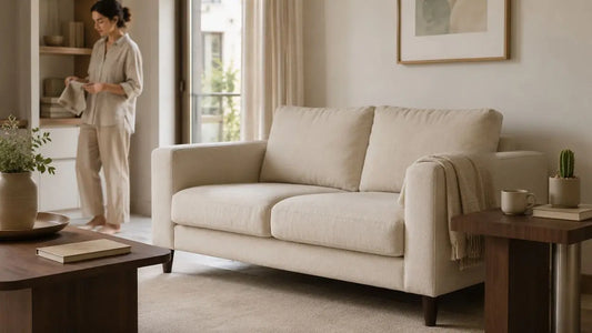 Beige fabric sofa in an Italian-inspired living room showing furniture quality, upholstery texture, and refined specifications