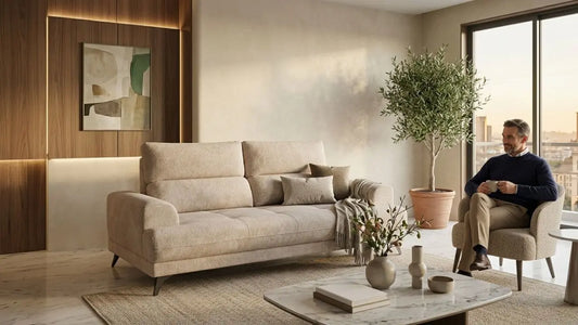 Beige fabric sofa in an elegant living room, showing how quality furniture can last longer with timeless design and proper care