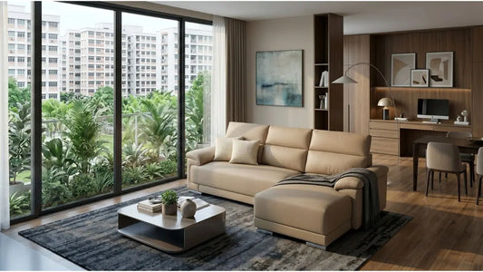 Beige L-shaped sofa in a modern Singapore living room with coffee table, built-in storage, and balcony greenery.