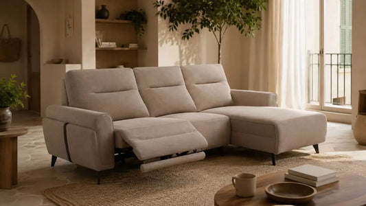 Beige recliner sofa in a warm Italian-inspired living room showing where it is fine to spend less on furniture