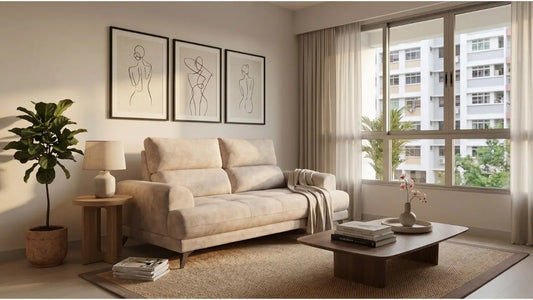 Beige sofa in a coordinated Singapore living room with wood coffee table, side table, plant, wall art, and soft daylight