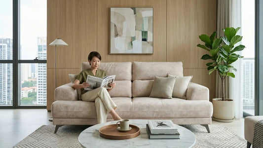 Beige sofa with rounded arms in a modern Singapore living room with wood wall panels, coffee table, and city view
