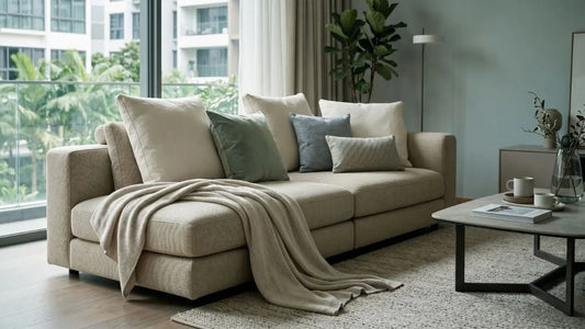 Beige sofa styled with cream cushions, green accents, and a soft throw in a Singapore condo living room