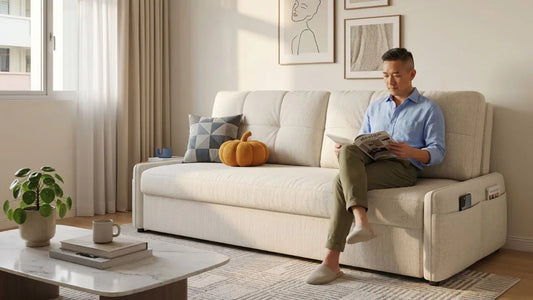 Beige three-seater sofa in a Singapore living room with side pocket storage and a man reading