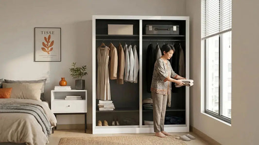 Black glass sliding-door wardrobe beside bed in a bright Singapore bedroom