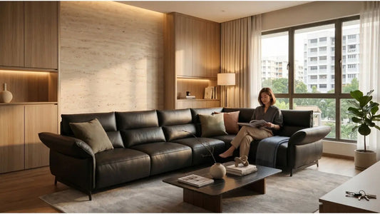 Woman reading on a black leather L-shape sofa in a refined HDB-style living room with wood cabinetry and soft natural light