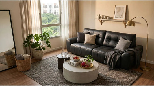 Black leather sofa in a rental living room with freestanding rug, coffee table, floor lamp, and potted plant.
