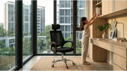 Black mesh study chair in a modern condo study room with built-in desk and storage for a child.