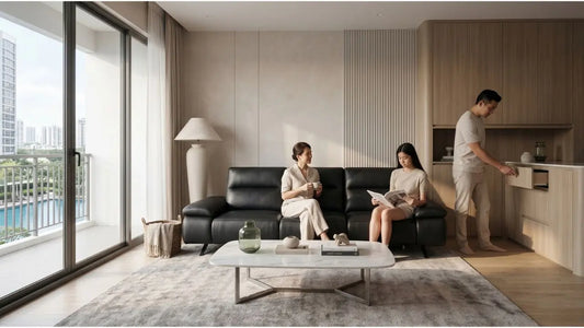 Black sofa in a modern Singapore condo showing sturdy proportions and long-lasting frame construction for daily use