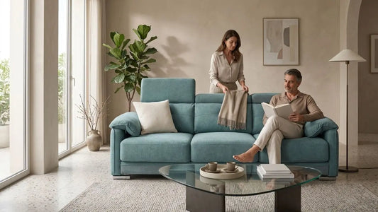 Blue fabric sofa in Italian-inspired living room for boucle vs linen sofa fabric comparison