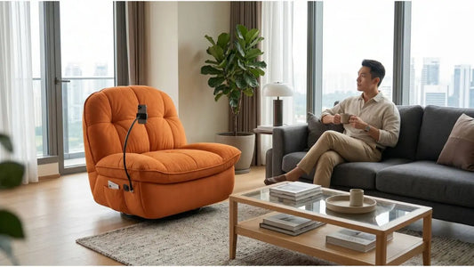 Bold orange accent chair adding colour beside a grey sofa in a space-smart living room layout