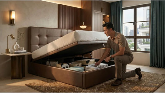 Man organising items inside a brown gas-lift storage bed frame in a modern condo-style bedroom.