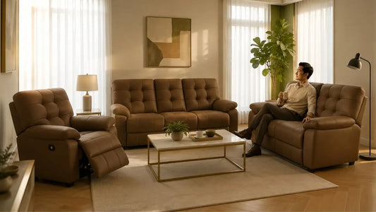 Brown leather recliner sofa set in a considered small living room with warm Italian-inspired styling