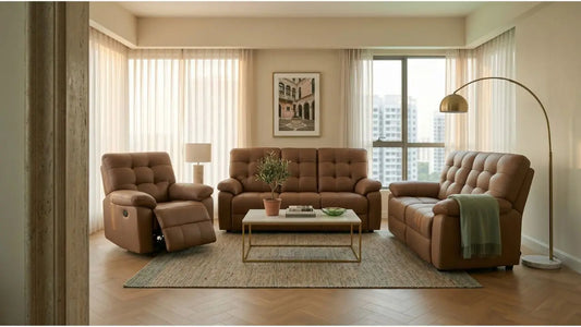 Brown leather sofa set in an executive condominium living room with coffee table, floor lamp, and warm natural light