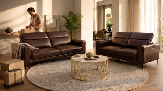 Brown leather sofas in a warm Italian-inspired living room showing furniture suited for moving between postings