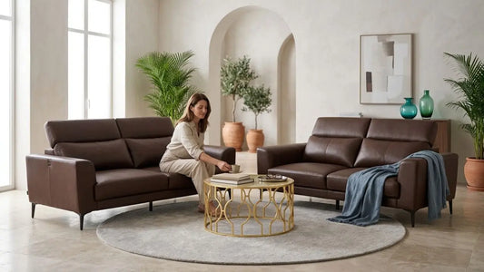 Brown leather sofas paired with a round gold coffee table and neutral rug in an elegant living room