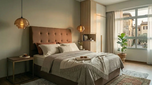 Brown upholstered queen bed frame with bedside table in a calm four-room HDB bedroom layout
