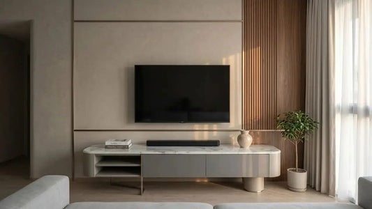 Built-in TV feature wall with fluted wood panel, stone-effect backdrop, and floating media console in a modern Singapore living room