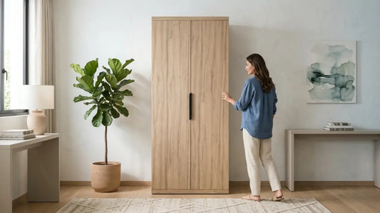 Built-in wardrobe with glass sliding doors in a calm modern bedroom, illustrating built-in vs modular storage options.