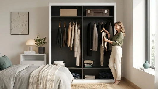 Built-in wardrobe in a Singapore bedroom showing organised clothing storage and space-saving bedroom design