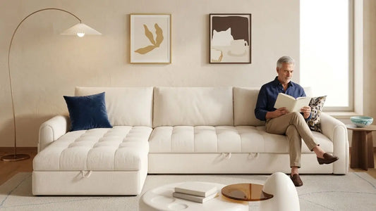 Man relaxing on a cream chaise sofa at home, showing how furniture comfort can be judged after purchase