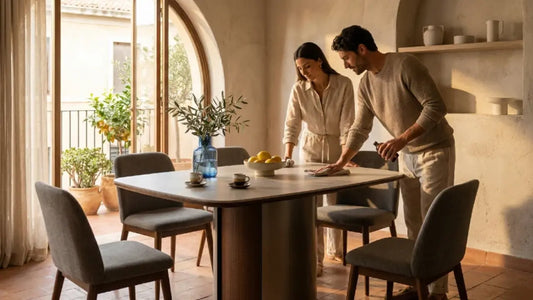 Sintered stone and marble dining table surfaces cared for with proper cleaning and protection
