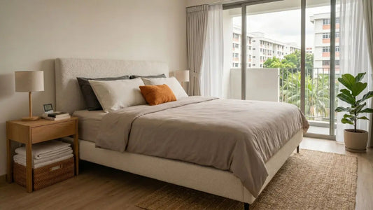 Well-ventilated Singapore bedroom with a mattress near balcony windows, showing how airflow helps with mattress care in humid weather.