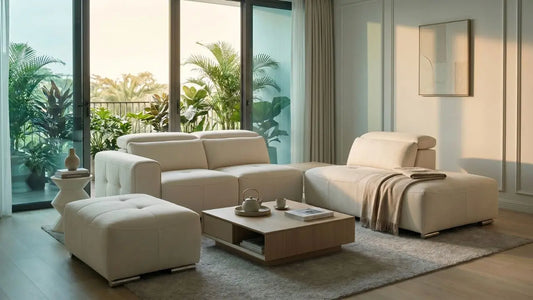 Cream sofa with matching chaise and ottoman in a bright Singapore living room, showing different ways to extend sofa comfort.