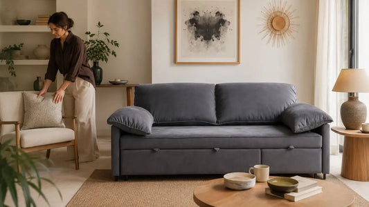 Charcoal grey sofa bed in an Italian-inspired living room showing how furniture dimensions affect room layout and spacing