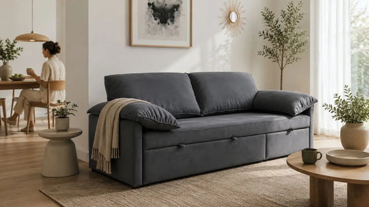 Charcoal grey sofa in an Italian-inspired living room designed for a growing household